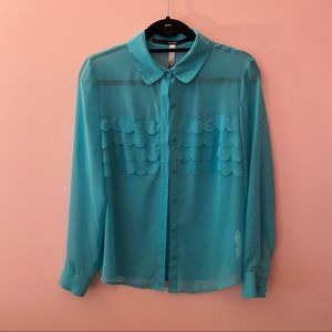 sheer collared blue shirt with subtle ruffle